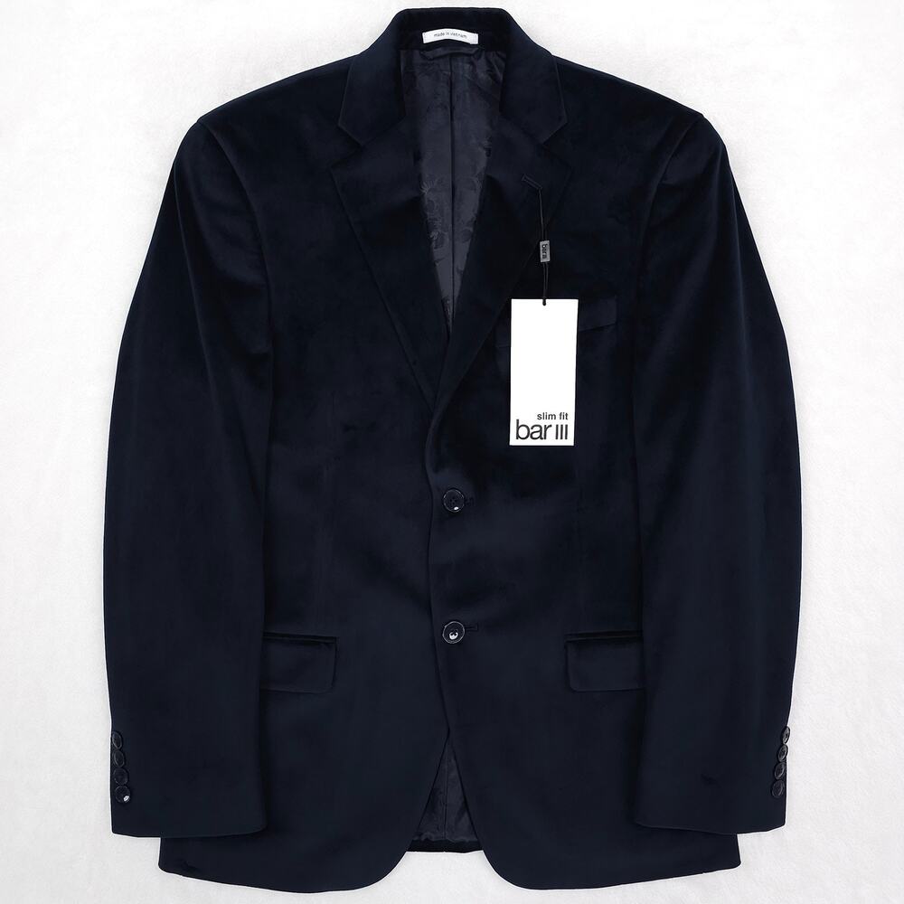 Bar III Mens Slim Fit Velvet Sport Coat Blazer 36S Navy Blue Solid NWT